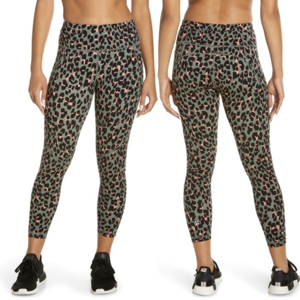 Sweaty Betty 7/8 Power Leggings Size 10 Green Leopard Splash Print EUC